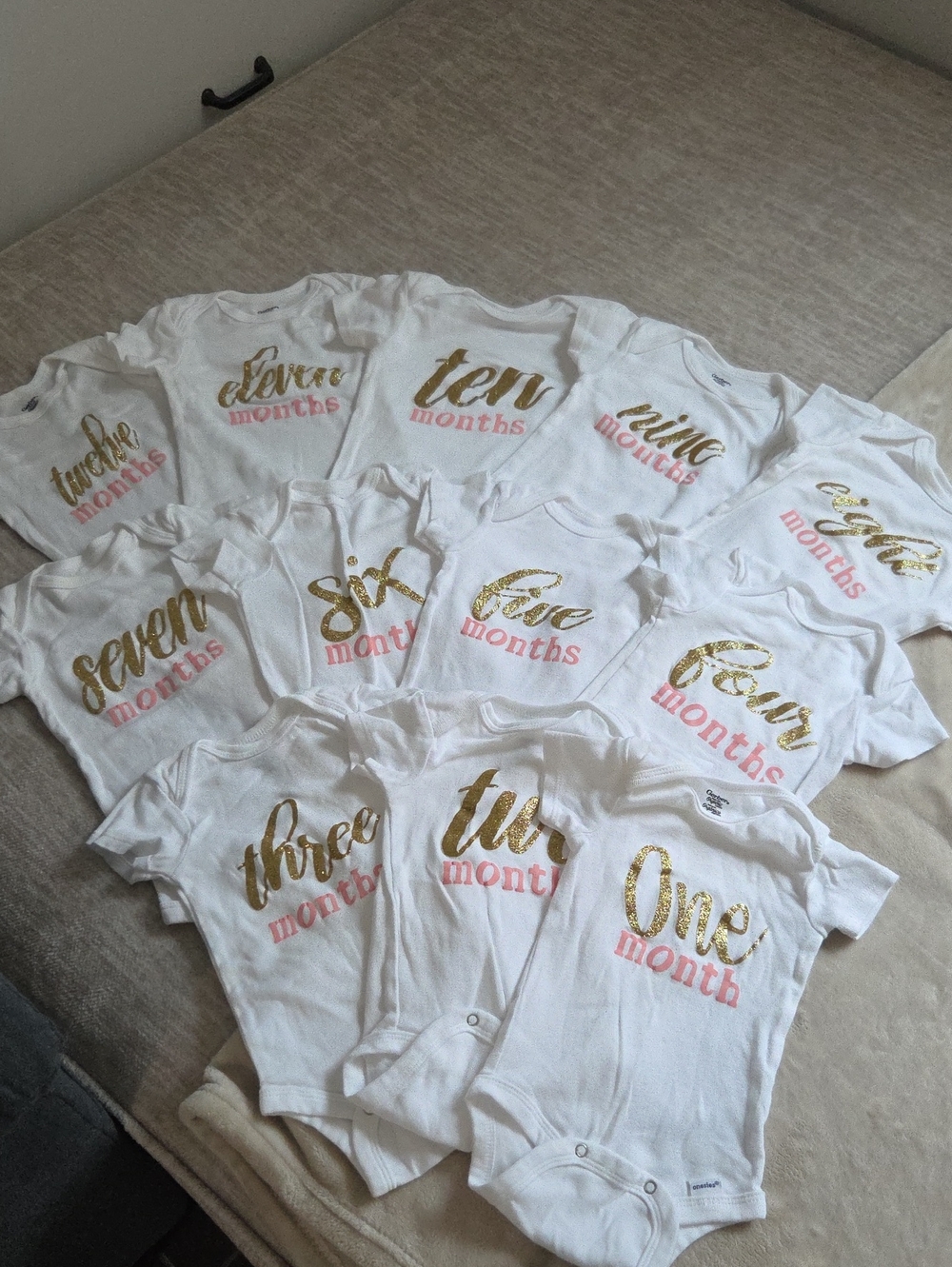 Monthly Milestone Baby Onesie Set - White with Gold & Pink Text